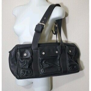 Sigred Olsen Satchel Black Leather Pocket Boston Pebble Shoulder Bag Tote Purse